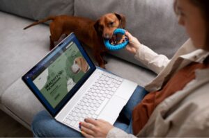 Foto de uma tutora e seu cachorrinho no sofá, olhando um notebook com um e-commerce de pet shop aberto