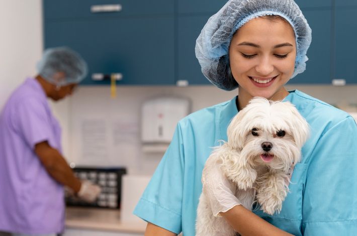 Foto de uma funcionária de clínica veterinária segurando um cachorrinho no colo
