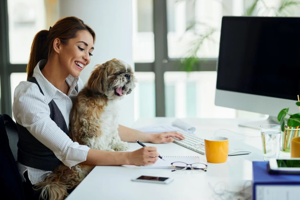 Foto de uma mulher em frente a um computador, com um cachorro no colo