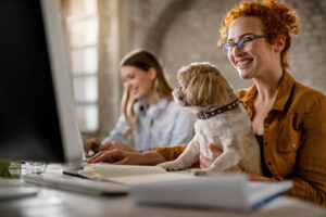 Foto ilustrativa de duas mulheres trabalhando em um escritório com seus cachorros no colo