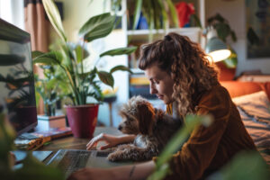 Imagem de uma mulher e seu cachorro usando um computador, para ilustrar o artigo sobre IA para empresas do mercado pet