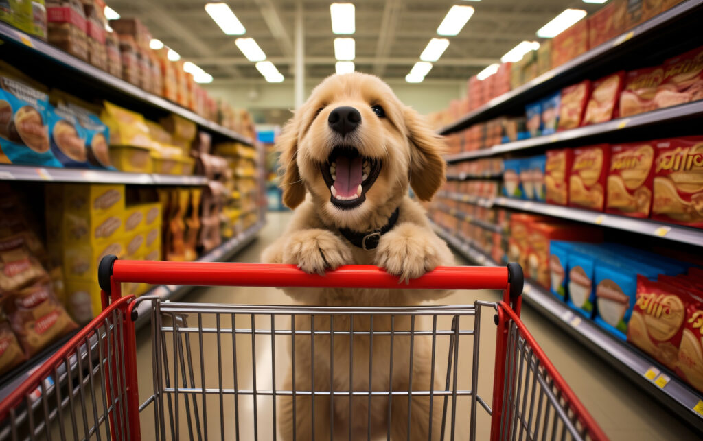 Imagem ilustrativa de um cachorro com um carrinho de compras, para o artigo sobre gestão financeira para pet shops