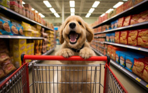 Imagem ilustrativa de um cachorro com um carrinho de compras, para o artigo sobre gestão financeira para pet shops