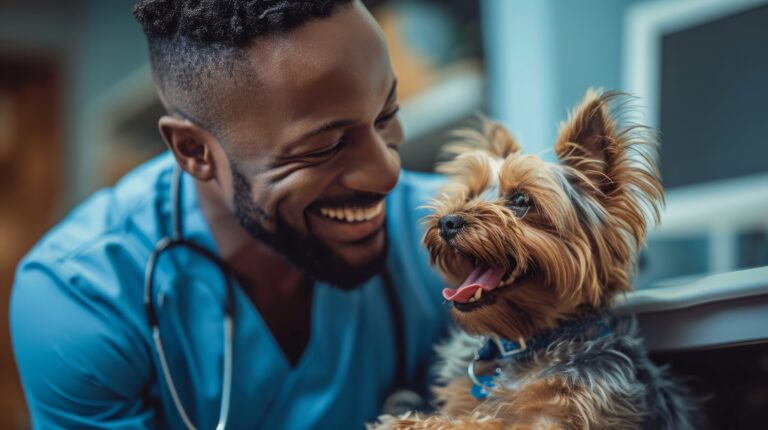 Imagem de um veterinário e um cachorro, para ilustrar o post sobre como tornar uma clínica veterinária acolhedora