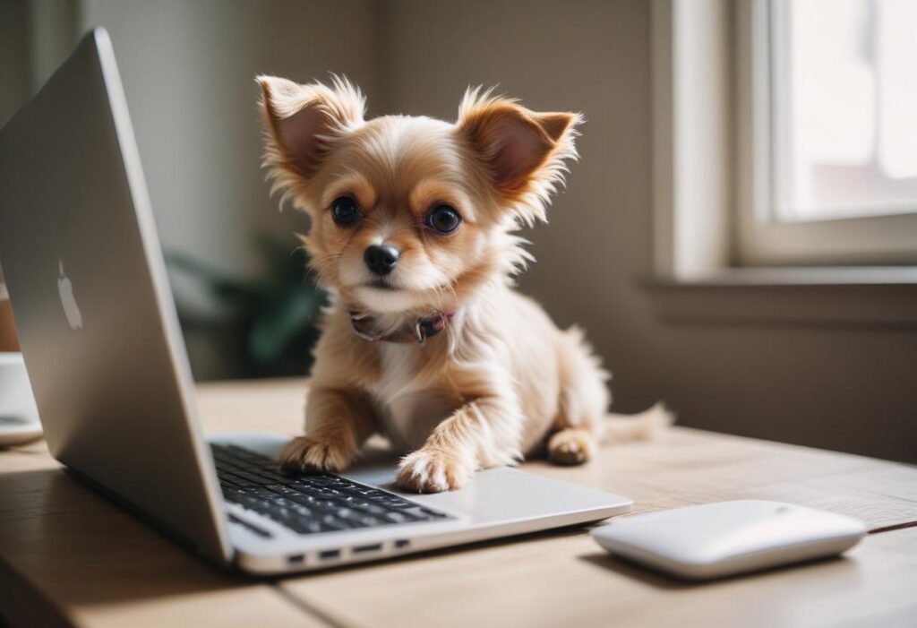 Imagem de um cachorro usando um computador para ilustrar o artigo sobre gestão financeira para hotel pet