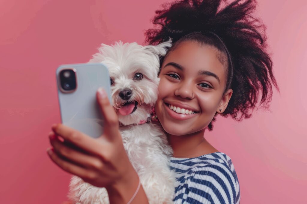 Imagem de uma mulher tirando uma selfie com seu cachorro, pra ilustrar o artigo sobre marketing de conteúdo para banho e tosa