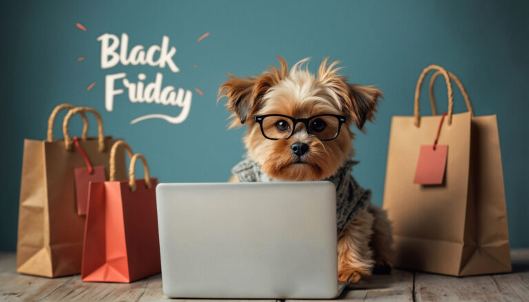 Imagem de um cachorro na frente de um computador, com compras ao fundo, pra ilustrar o artigo sobre black friday no mercado pet