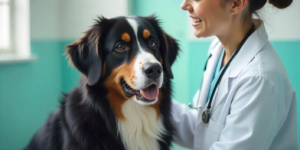 Imagem de um cachorro e um veterinário para ilustrar o artigo sobre fiscalização em clínica veterinária