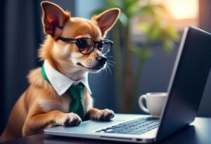Imagem de um cachorro usando um computador para ilustrar o artigo sobre dados e pet shop
