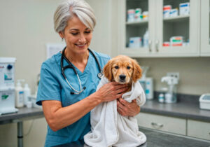 Imagem ilustrativa de uma veterinária em um cachorro junto ao estoque da clínica
